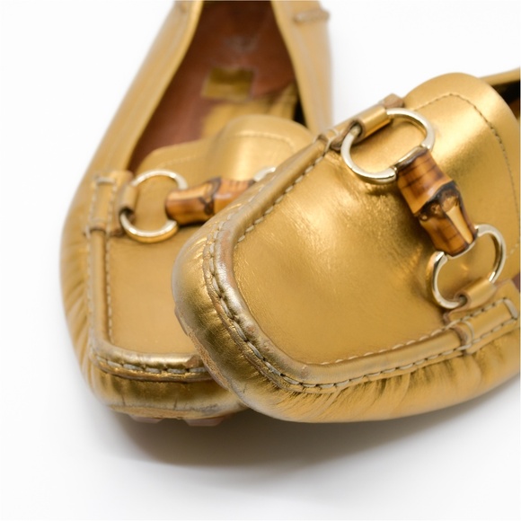 GUCCI Metallic Gold Leather Driving Loafers Bamboo Horsebit Size 10 - Picture 11 of 16